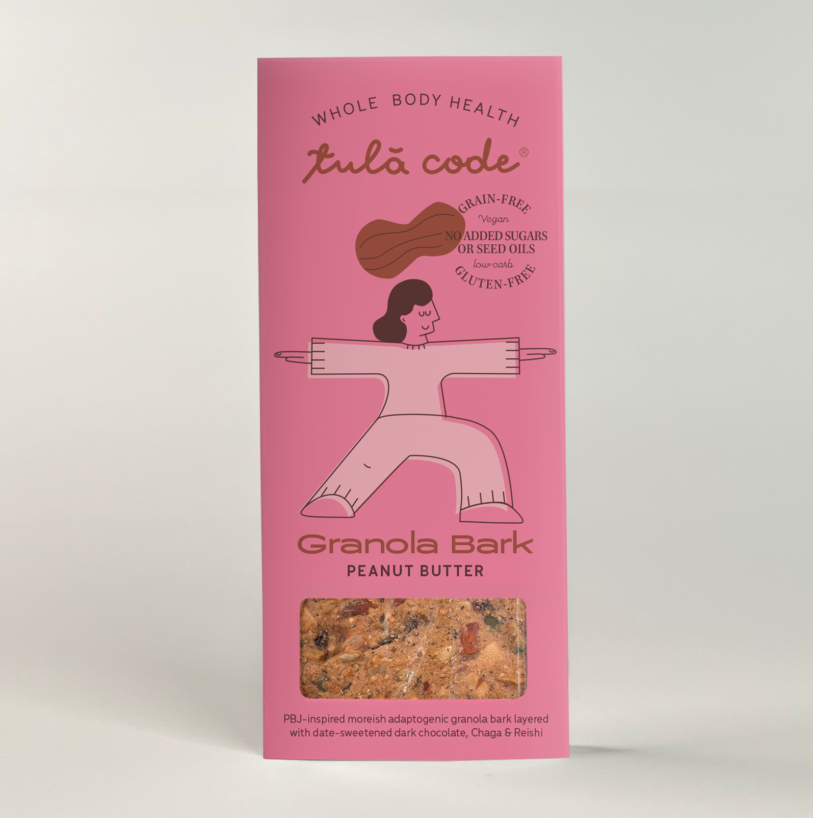 PBJ-inspired moreish adaptogenic granola bark layered with date-sweetened chocolate, Chaga & Reishi.